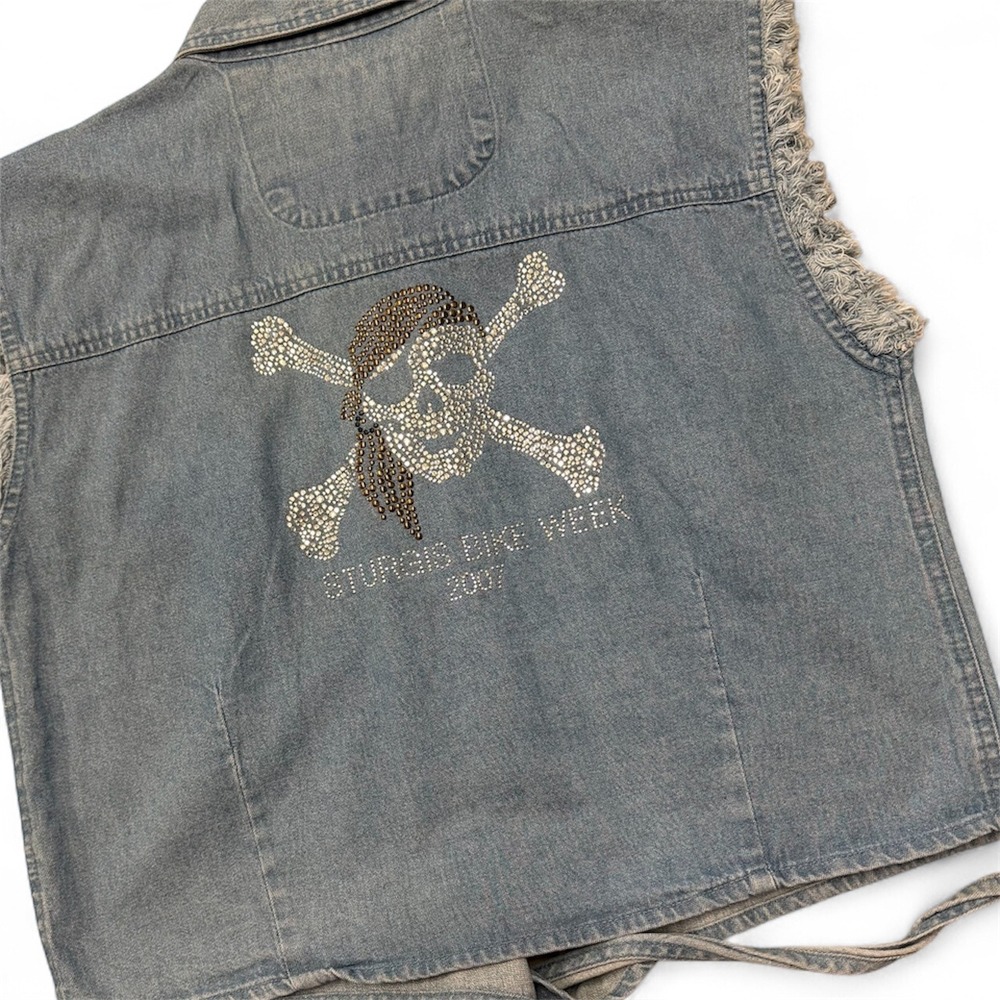 TWIN Motorcycle Denim Vest Skull Rhinestone Sturgis Bike Week 2007 Womens L NWT